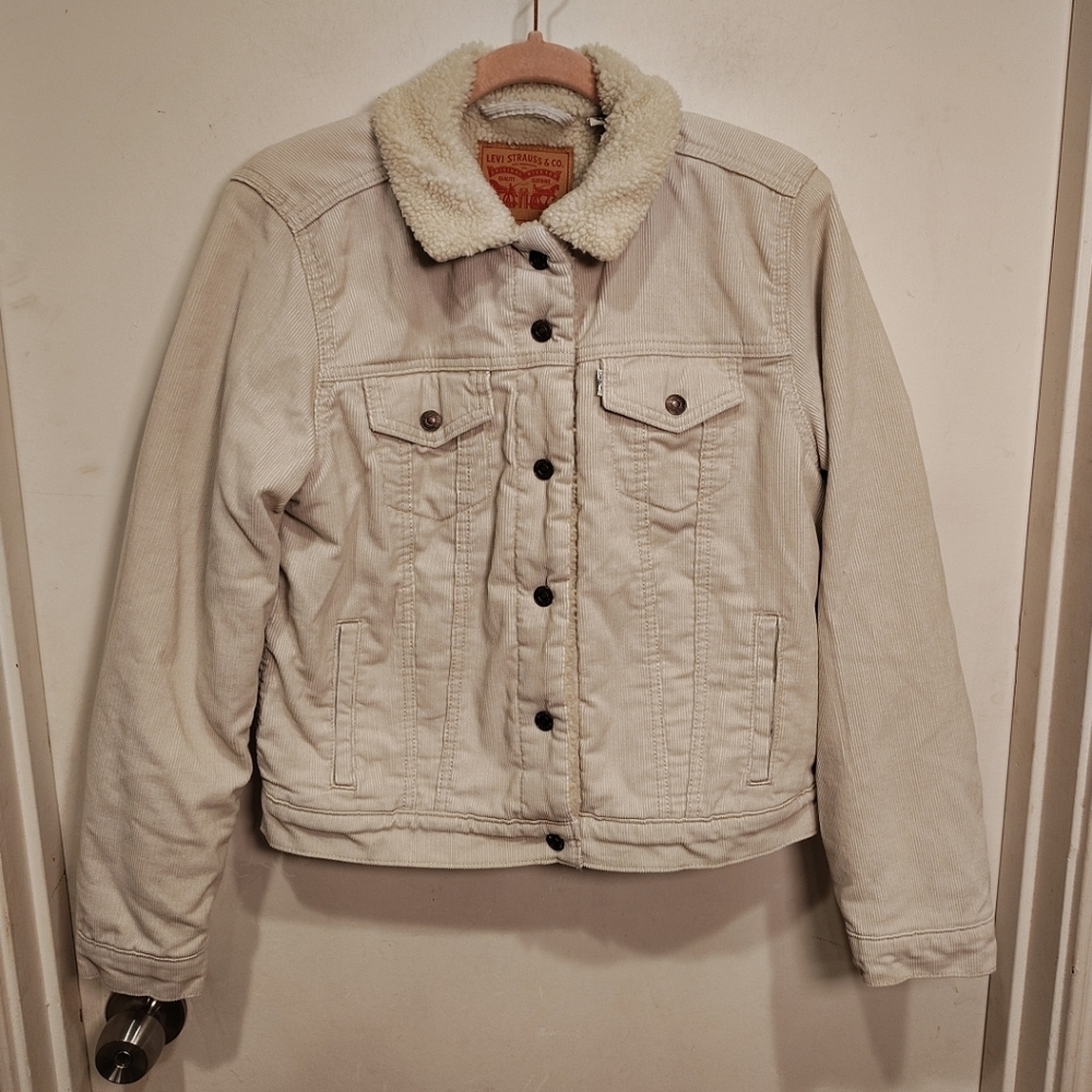 Levi's Women's 90's Sherpa Lined Ivory Corduroy Trucker Jacket Sz M Almond Milk